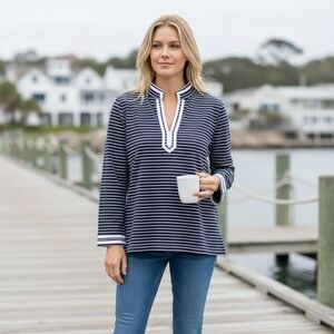 Talbots Petite Navy White Striped Split Neck Tunic Top L Petite Nautical Coastal